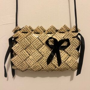 Stylish white and Black Italian newspaper Woven Women's Bag with black bow
